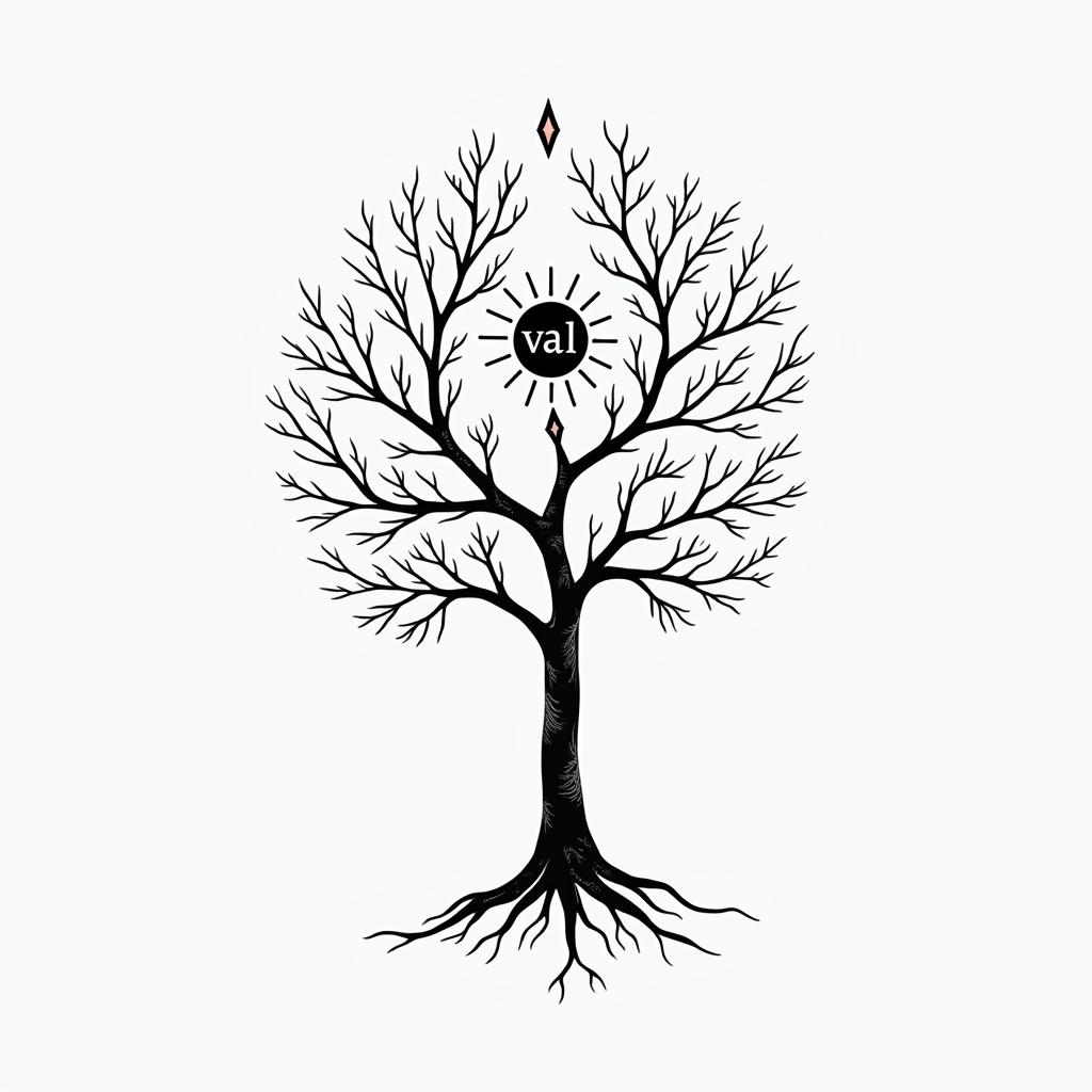 I want a tree of life because I am sick with a sun and the word "val" on a branch.in minimalist style tattoo, featuring simple shapes and fine lines, with minimal shading and details, tiny triangles, creating a sense of balance and harmony - Variation 3