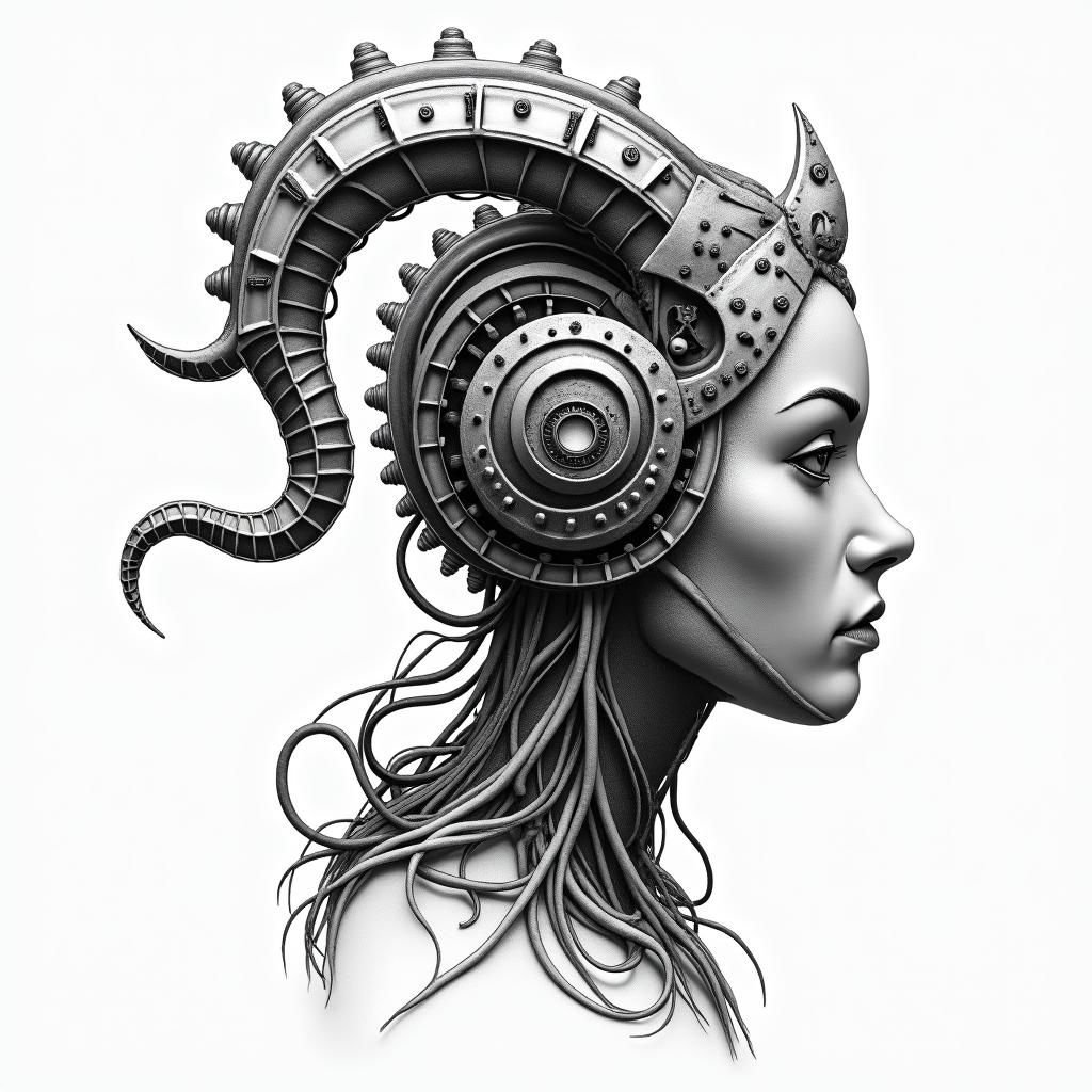 Capricorntattoo in biomechanic style, the tattoo covered by robotic elements of futuristic cyberpunk design, robotic features detail, showcasing intricate mechanical components - Variation 3
