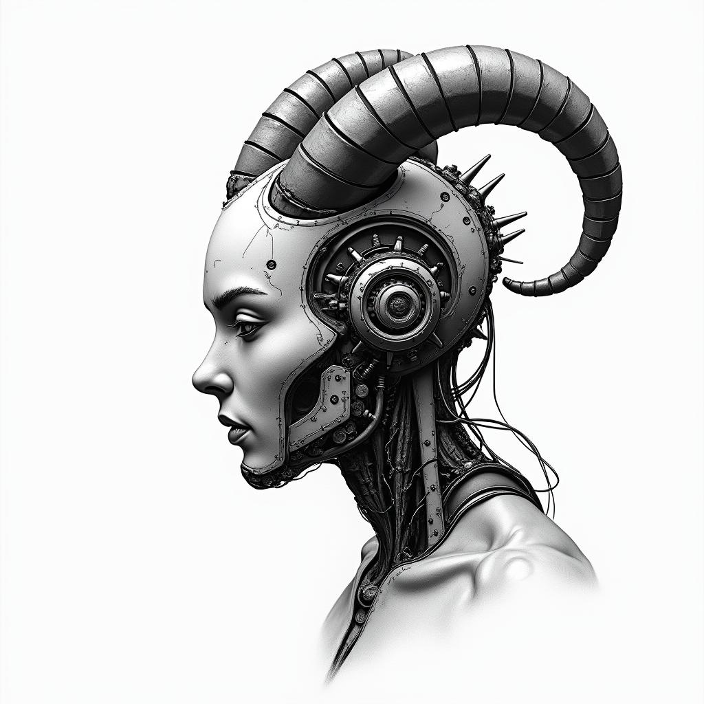 Capricorntattoo in biomechanic style, the tattoo covered by robotic elements of futuristic cyberpunk design, robotic features detail, showcasing intricate mechanical components