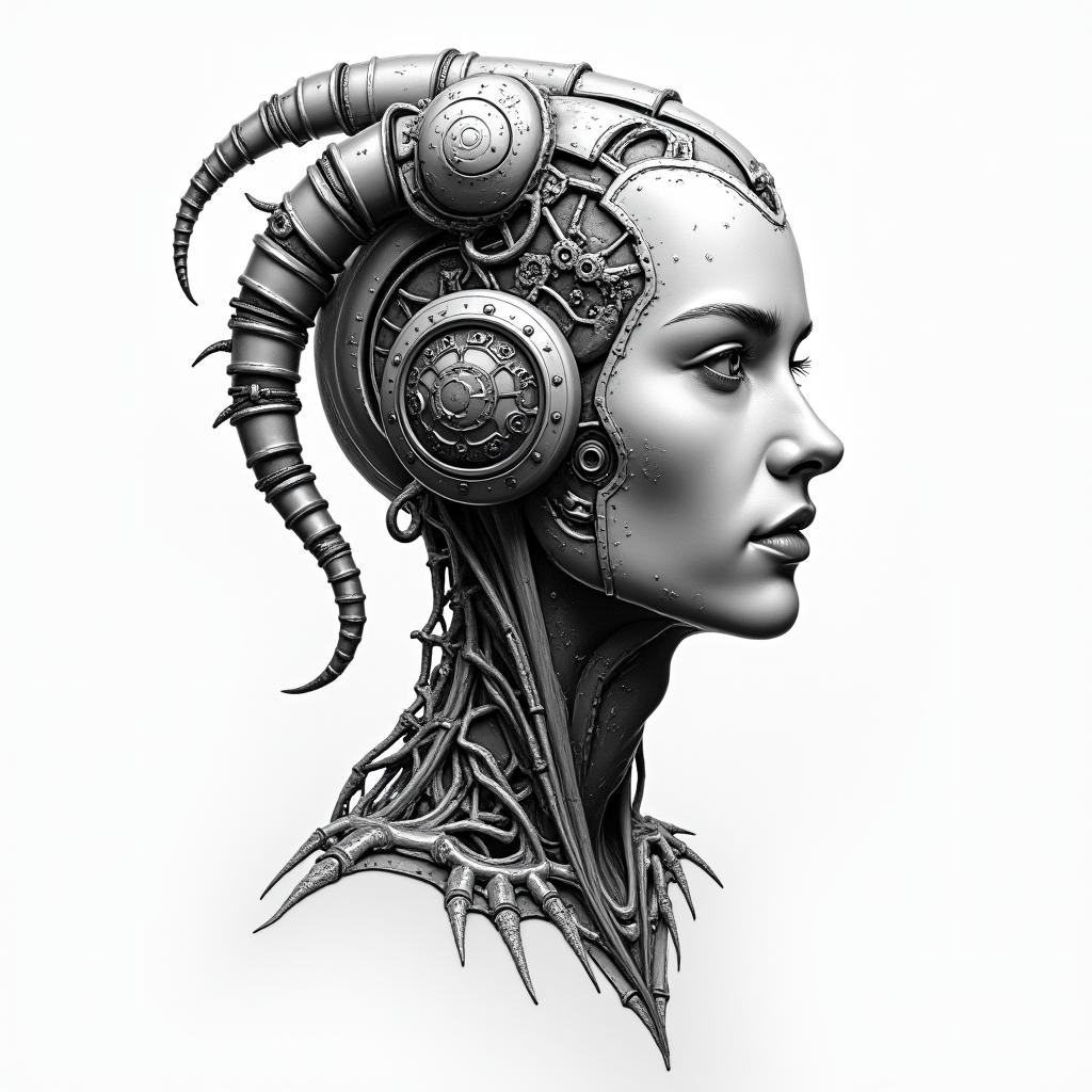 Capricorntattoo in biomechanic style, the tattoo covered by robotic elements of futuristic cyberpunk design, robotic features detail, showcasing intricate mechanical components - Variation 2