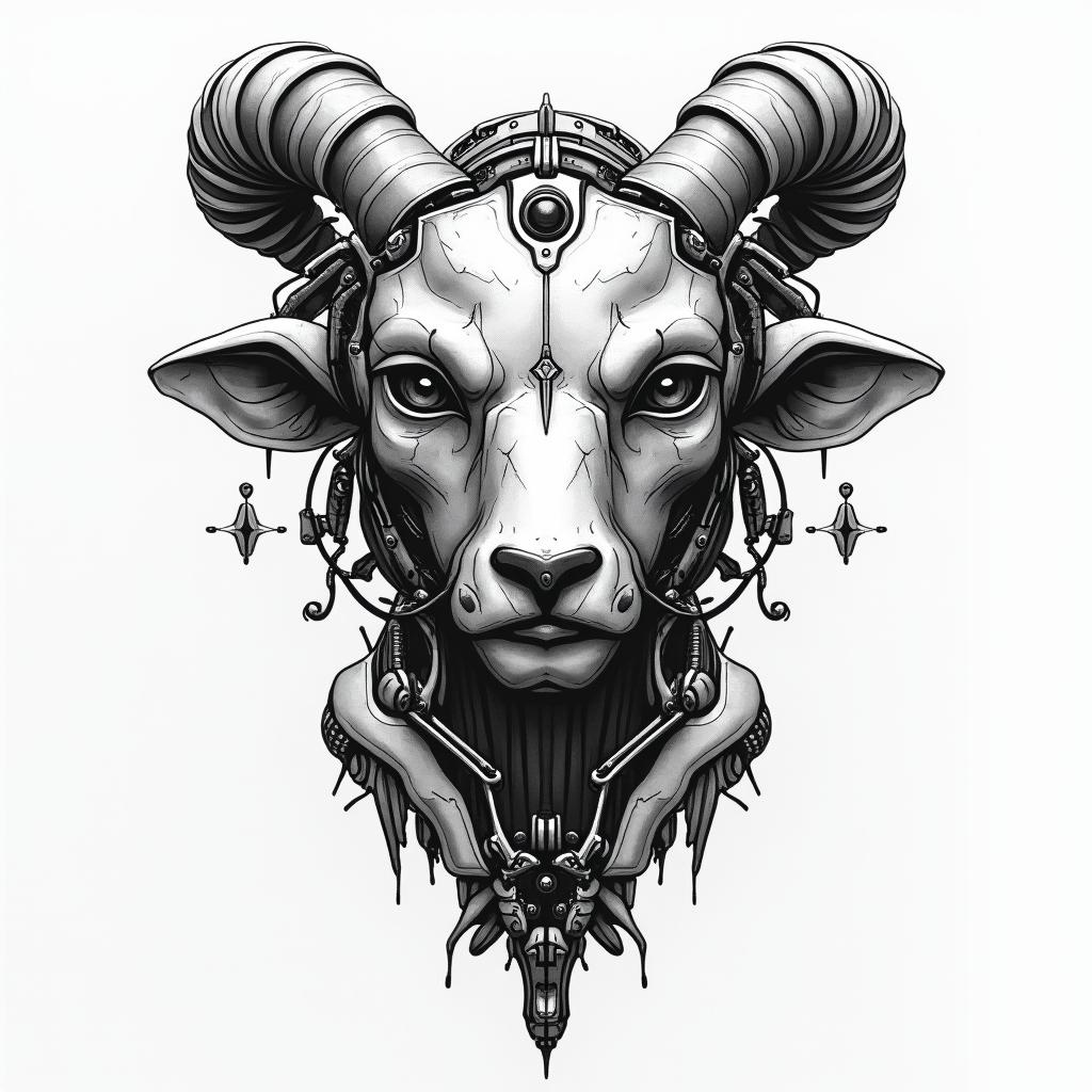 Capricorntattoo in biomechanic style, the tattoo covered by robotic elements of futuristic cyberpunk design, robotic features detail, showcasing intricate mechanical components - Variation 4