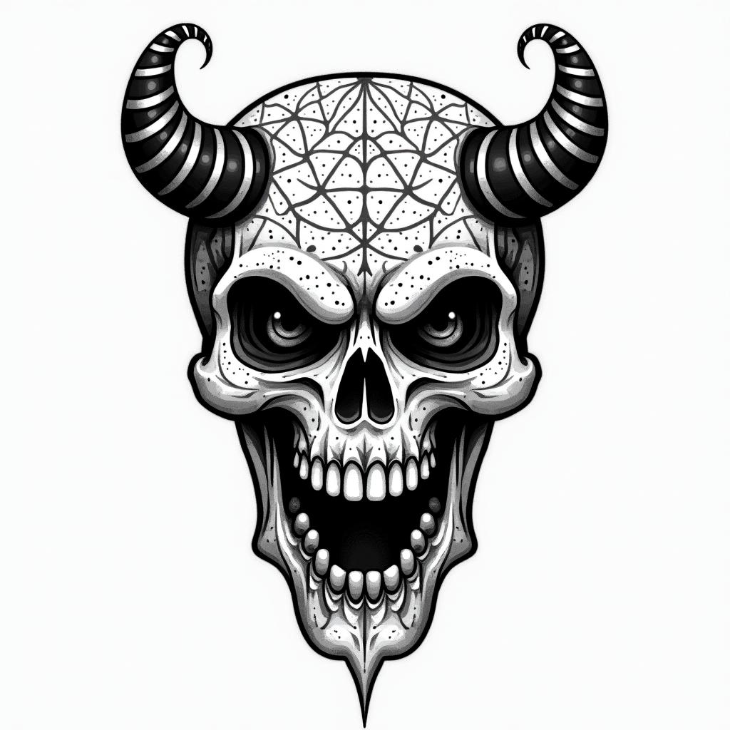 Creepy cartoon skull devil glitchin dotwork style tattoo, complex mandala patterns, interlocking geometric shapes with sharp symmetry, clean lines, sharp angles - Variation 2