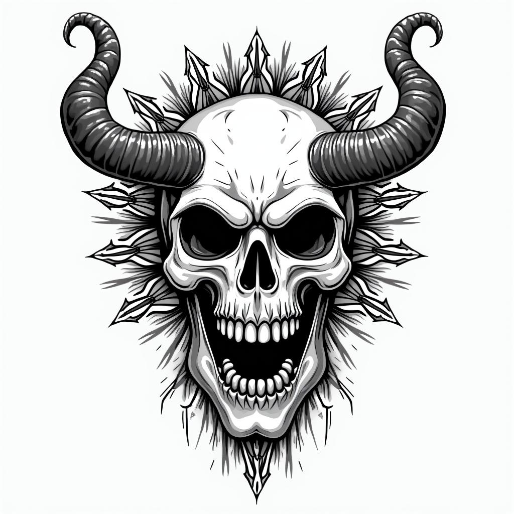 Creepy cartoon skull devil glitchin dotwork style tattoo, complex mandala patterns, interlocking geometric shapes with sharp symmetry, clean lines, sharp angles - Variation 4