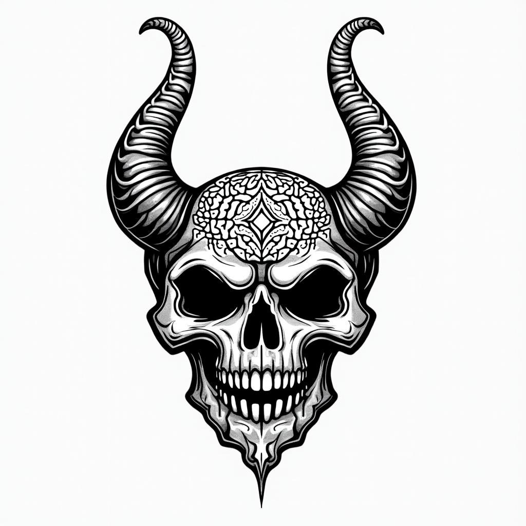 Creepy cartoon skull devil glitchin dotwork style tattoo, complex mandala patterns, interlocking geometric shapes with sharp symmetry, clean lines, sharp angles - Variation 3