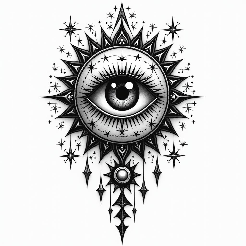 Troy, leo, conwayin prophecy tattoo style, featuring mystical symbols, celestial imagery like stars, moons, suns, geometric patterns, foretelling elements, an eye of wisdom