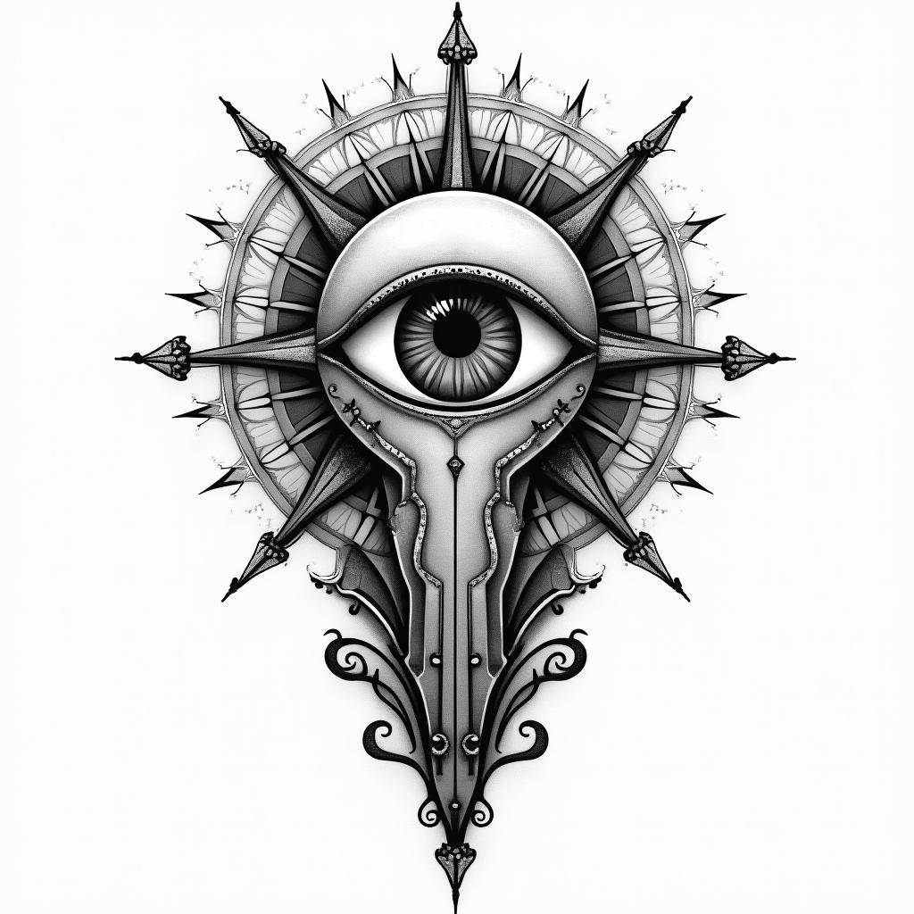 Troy, leo, conwayin prophecy tattoo style, featuring mystical symbols, celestial imagery like stars, moons, suns, geometric patterns, foretelling elements, an eye of wisdom - Variation 2