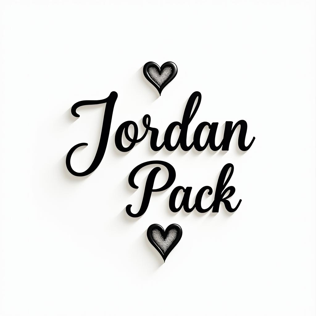 The name Jordan Pack with the date 02/15/23in elegant cursive calligraphy style 2d tattoo, decorate with roses, featuring a smooth and flowing handwritten script with slightly thickened strokes for a luxurious and bold appearance, heart symbol between names, sleek and glossy black text with shadowing, minimalist matte white background, clean and sharp edges, illuminated with soft lighting, romantic, 8k, high-quality textures with refined typography - Variation 1
