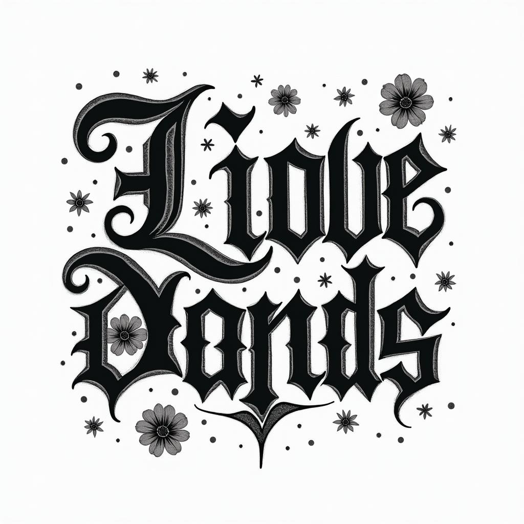 DJ with the tables, I love music. I’m a Virgo from Denvertext-based tattoo, gothic font ultra-realistic, perfectly placed, high-quality font design, photo-realistic shading, 8k, high quality, finely detailed typography