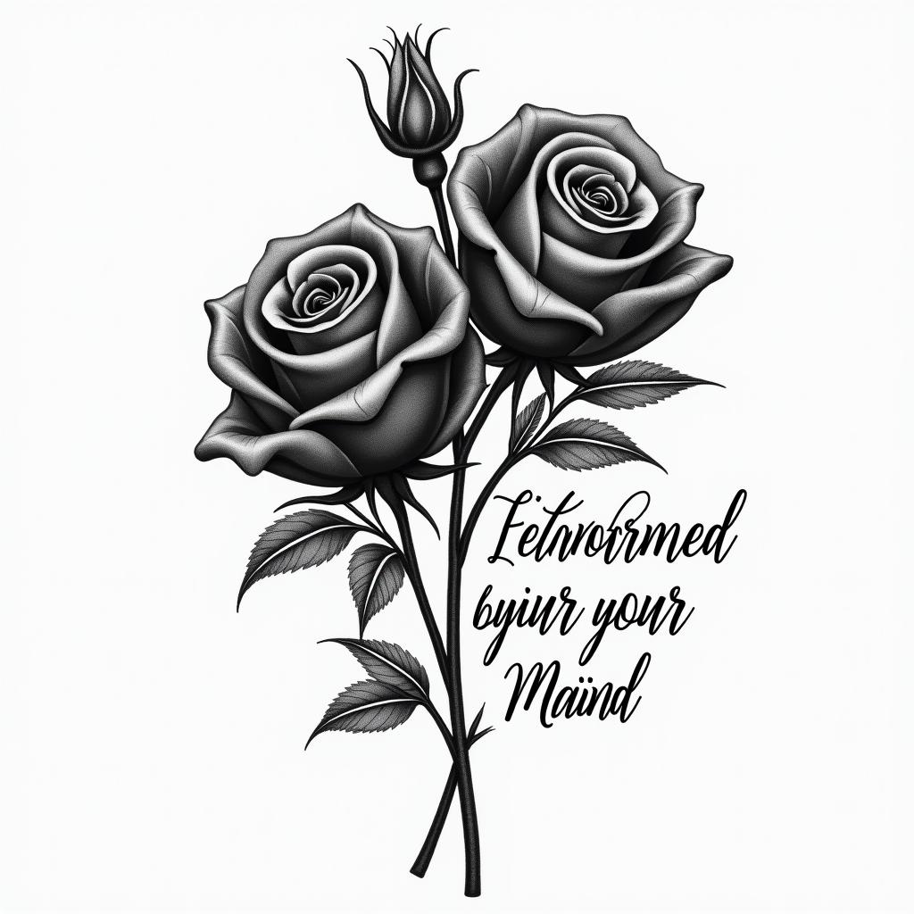A tattoo design featuring black roses symbolizing love and beauty, accompanied by the phrase "be transformed by the renewal of your mind" from Romans 12:2, representing a personal journey of embracing God's love and experiencing transformation.higly detailed tattoo - Variation 4