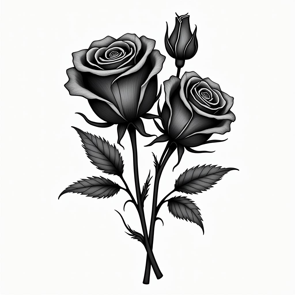 A tattoo design featuring black roses symbolizing love and beauty, accompanied by the phrase "be transformed by the renewal of your mind" from Romans 12:2, representing a personal journey of embracing God's love and experiencing transformation.higly detailed tattoo