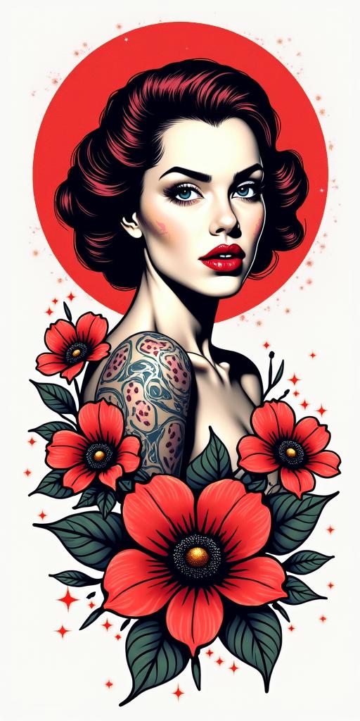 Rubyin pop art style tattoo, featuring bold and vibrant colors, exaggerated outlines, iconic imagery, inspired by comic books and speech bubbles, comic book characters, retro pop culture - Variation 4