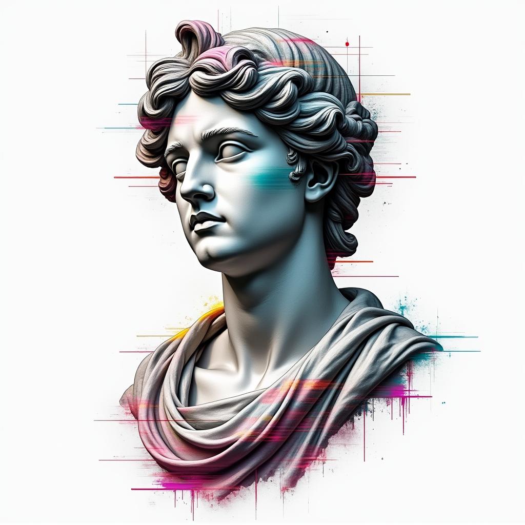 classic  deterministic time does not exist we live in a deterministic universein distorted and fragmented tattoo design, featuring a classical statue bust, in a glitch art style with vibrant, overlapping colors of cyan, magenta, and yellow, creating a digital distortion effect - Variation 3