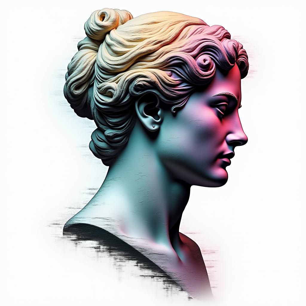 classic  deterministic time does not exist we live in a deterministic universein distorted and fragmented tattoo design, featuring a classical statue bust, in a glitch art style with vibrant, overlapping colors of cyan, magenta, and yellow, creating a digital distortion effect