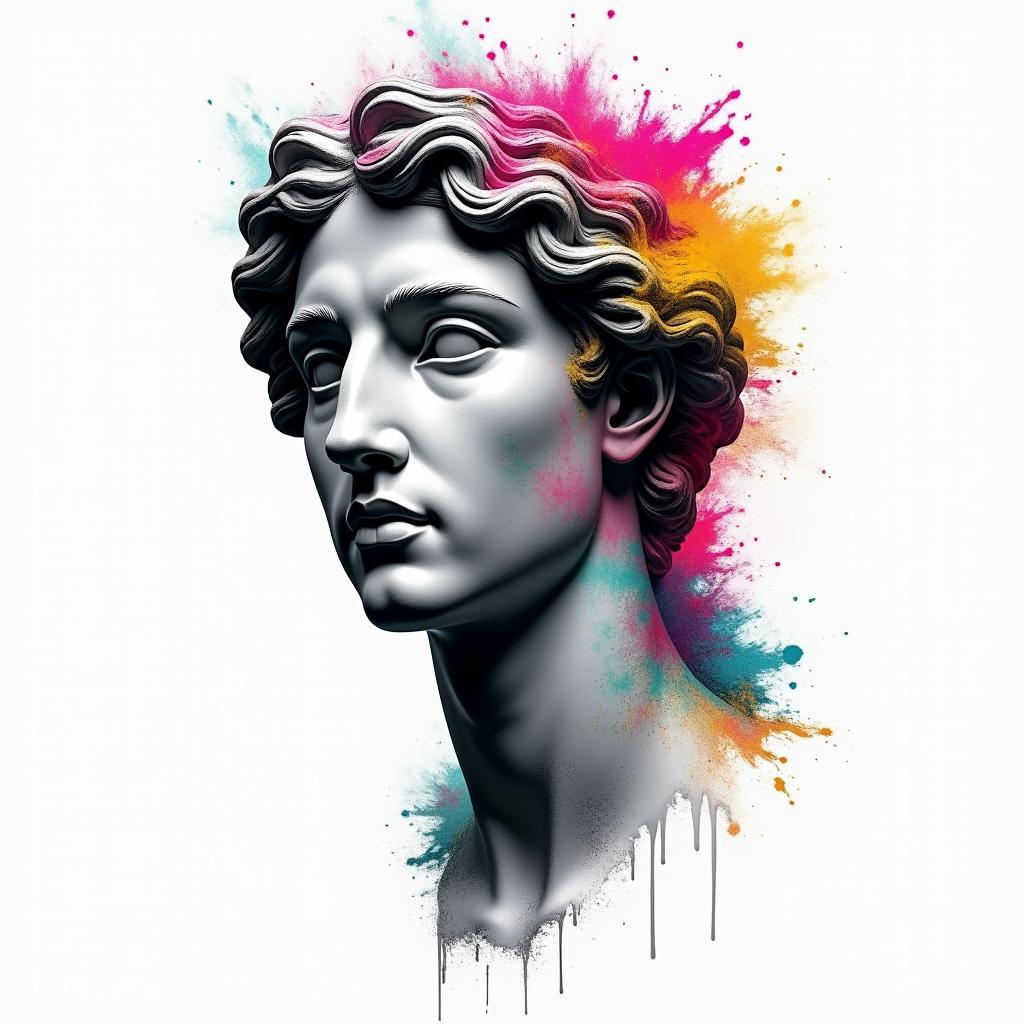 classic  deterministic time does not exist we live in a deterministic universein distorted and fragmented tattoo design, featuring a classical statue bust, in a glitch art style with vibrant, overlapping colors of cyan, magenta, and yellow, creating a digital distortion effect - Variation 2