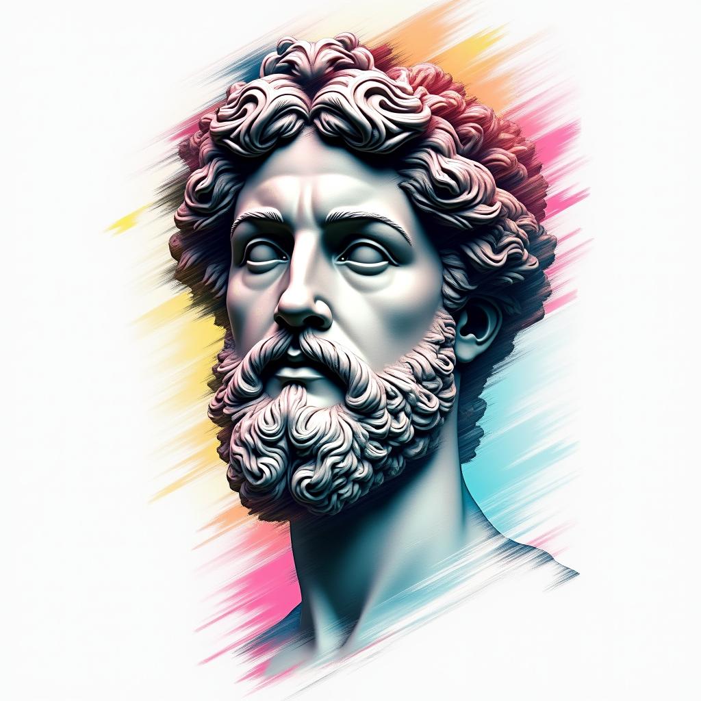 classic  deterministic time does not exist we live in a deterministic universein distorted and fragmented tattoo design, featuring a classical statue bust, in a glitch art style with vibrant, overlapping colors of cyan, magenta, and yellow, creating a digital distortion effect - Variation 4