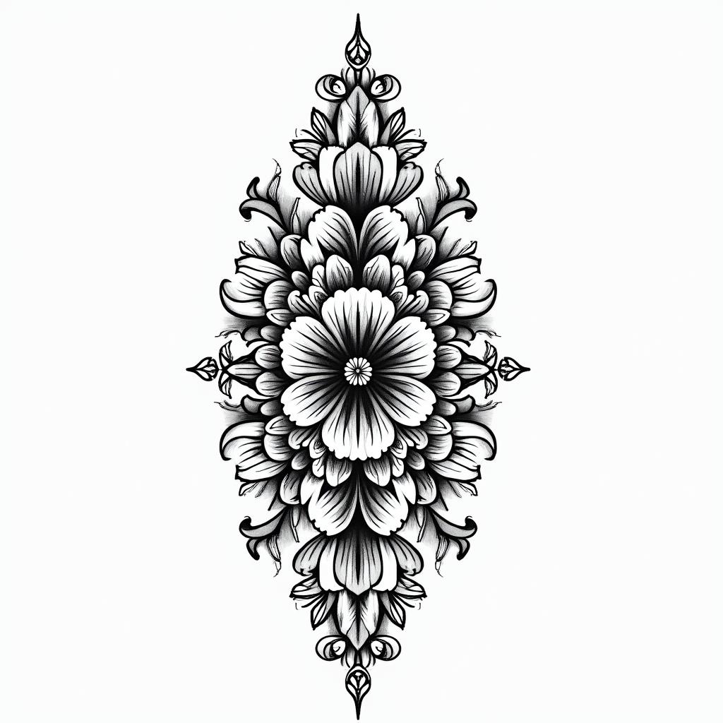 Kelvin from Galicia, April 16, 1997, Aries sign.in ornamental tattoo style, featuring intricate symmetrical patterns and floral designs, showcasing highly detailed line work and geometric shapes, creating a sense of elegance and balance - Variation 2