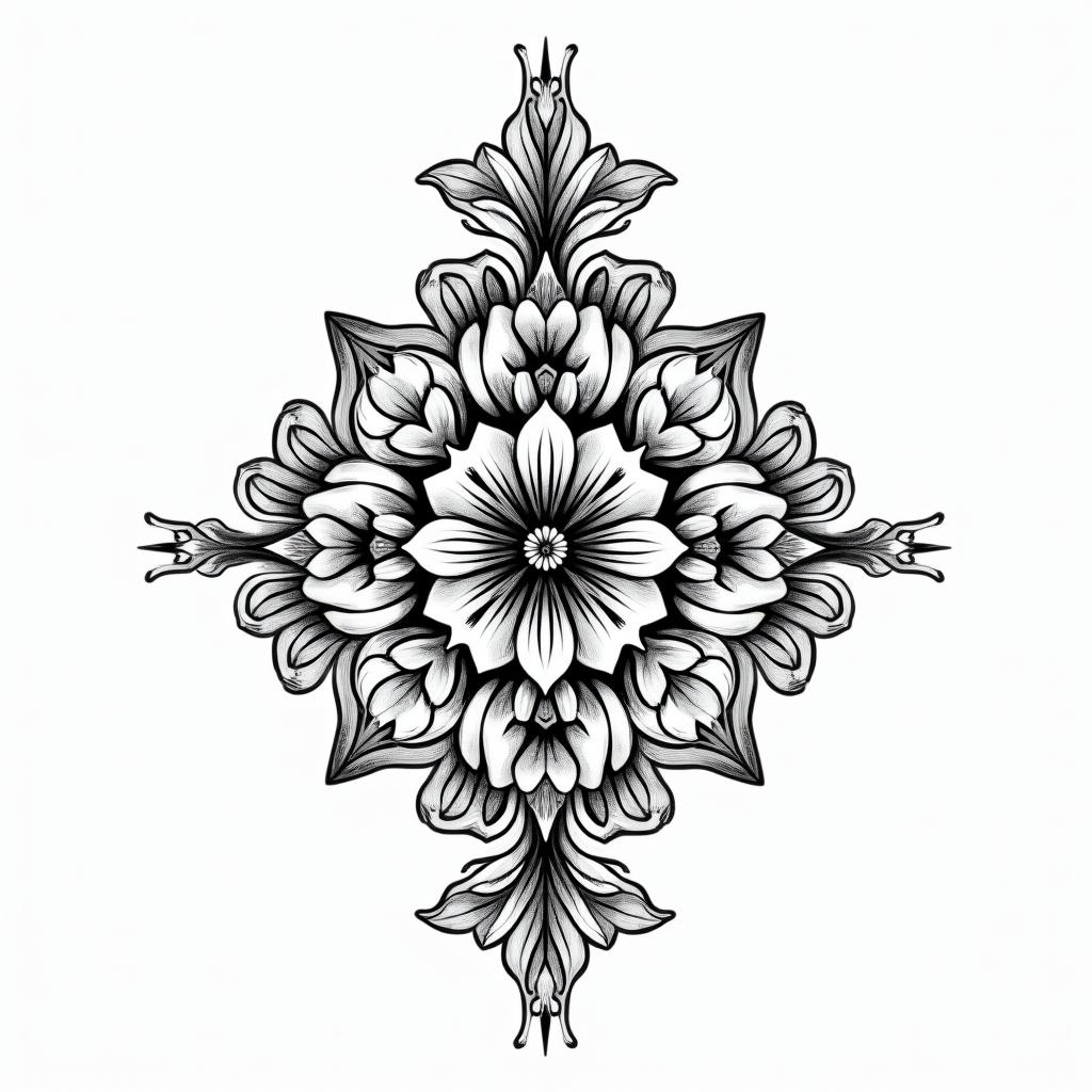 Kelvin from Galicia, April 16, 1997, Aries sign.in ornamental tattoo style, featuring intricate symmetrical patterns and floral designs, showcasing highly detailed line work and geometric shapes, creating a sense of elegance and balance