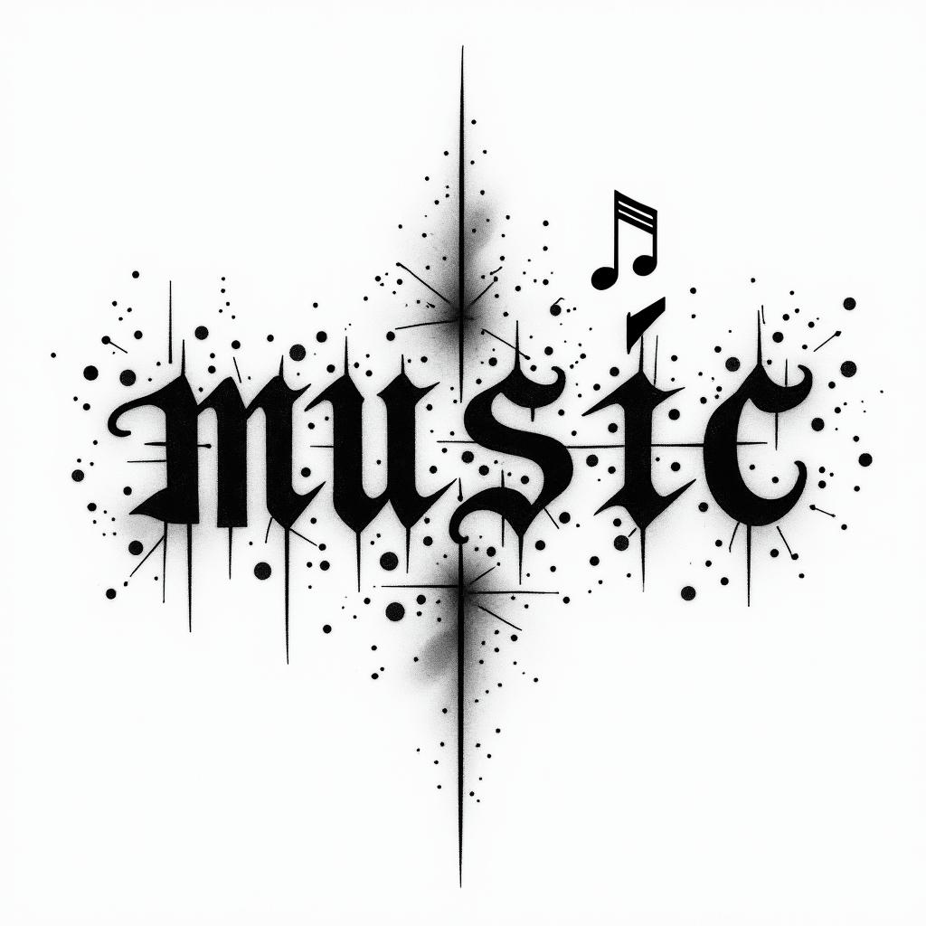 The word “music” with music noteshigly detailed tattoo - Variation 4