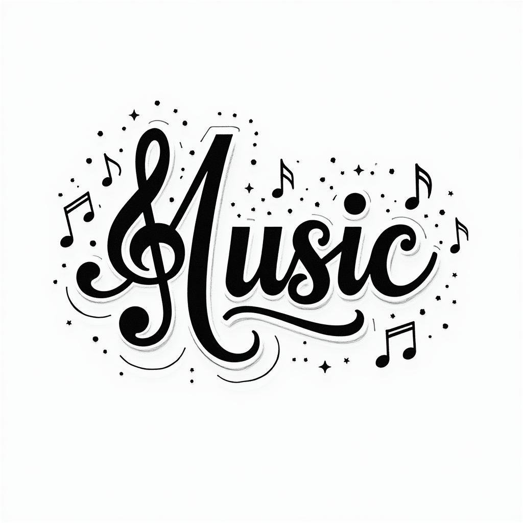 The word “music” with music noteshigly detailed tattoo - Variation 2