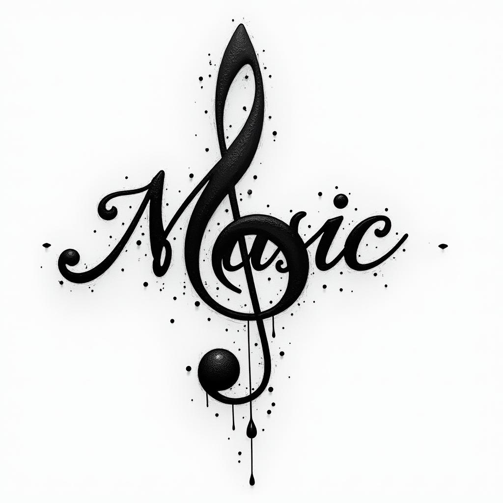 The word “music” with music noteshigly detailed tattoo - Variation 3