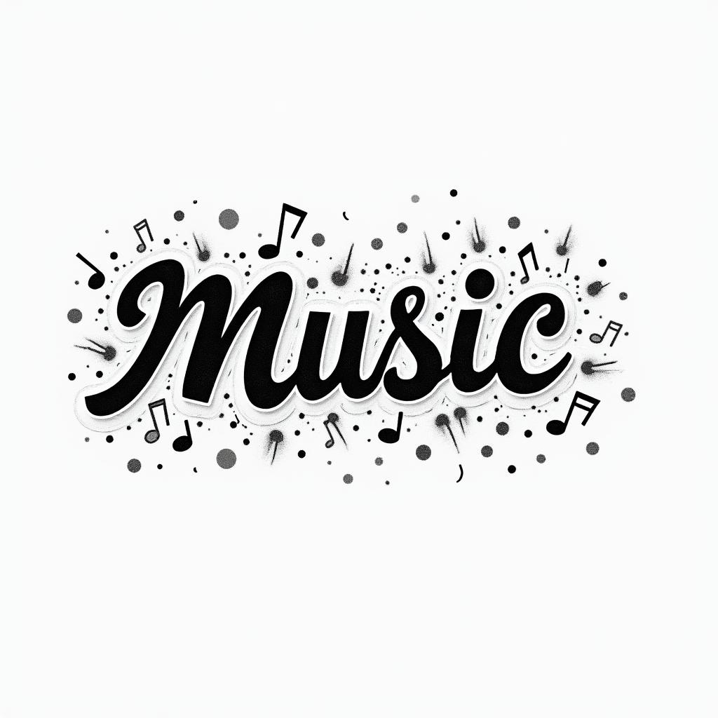 The word “music” with music noteshigly detailed tattoo