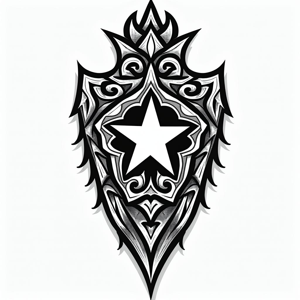 Captain America with his raised shieldin tribal tattoo style, featuring bold and black geometric shapes, curved lines, intertwine and flow seamlessly, creating a powerful and symbolic design, polynesian and maori styles - Variation 4