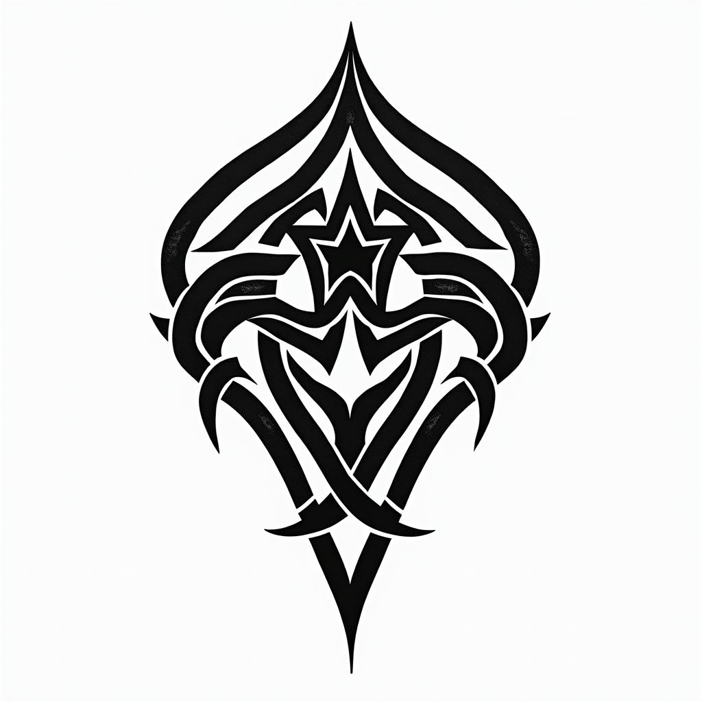 Captain America with his raised shieldin tribal tattoo style, featuring bold and black geometric shapes, curved lines, intertwine and flow seamlessly, creating a powerful and symbolic design, polynesian and maori styles