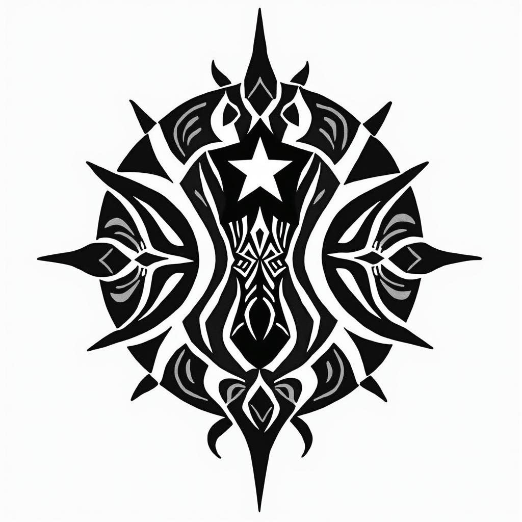 Captain America with his raised shieldin tribal tattoo style, featuring bold and black geometric shapes, curved lines, intertwine and flow seamlessly, creating a powerful and symbolic design, polynesian and maori styles - Variation 3