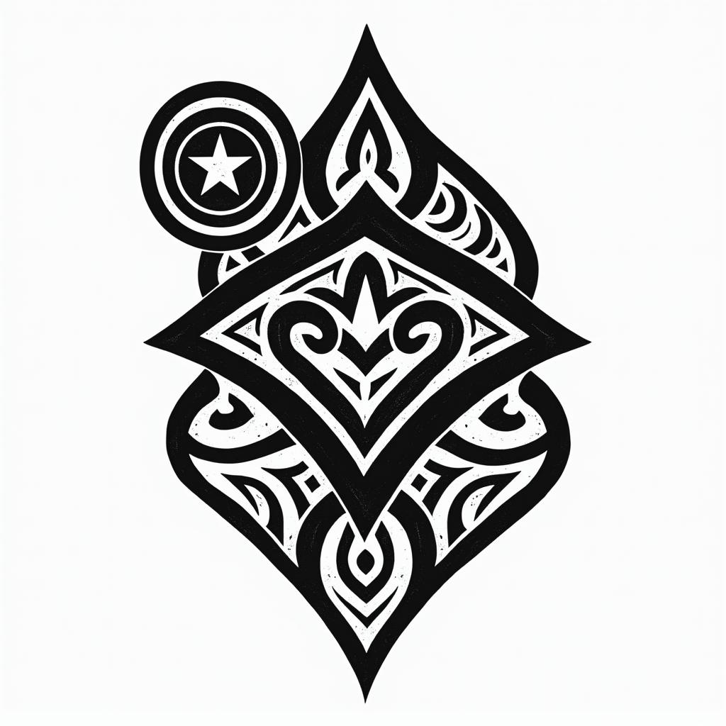 Captain America with his raised shieldin tribal tattoo style, featuring bold and black geometric shapes, curved lines, intertwine and flow seamlessly, creating a powerful and symbolic design, polynesian and maori styles - Variation 2