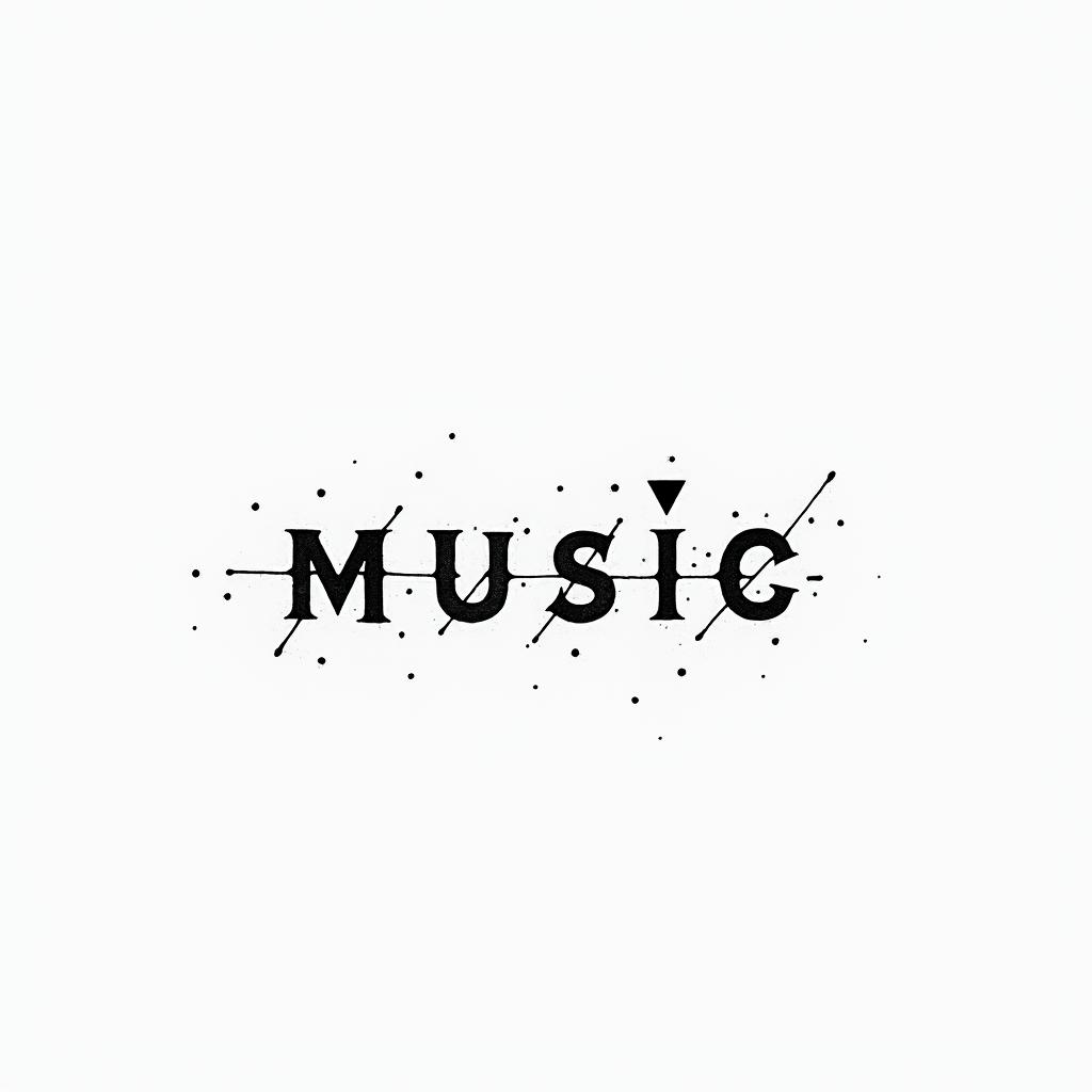 The word “music” with music notesin minimalist style tattoo, featuring simple shapes and fine lines, with minimal shading and details, tiny triangles, creating a sense of balance and harmony