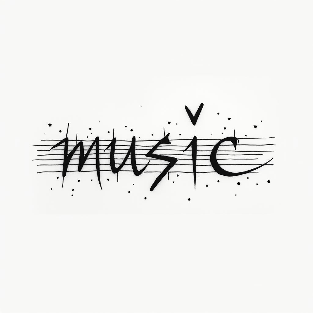The word “music” with music notesin minimalist style tattoo, featuring simple shapes and fine lines, with minimal shading and details, tiny triangles, creating a sense of balance and harmony - Variation 3