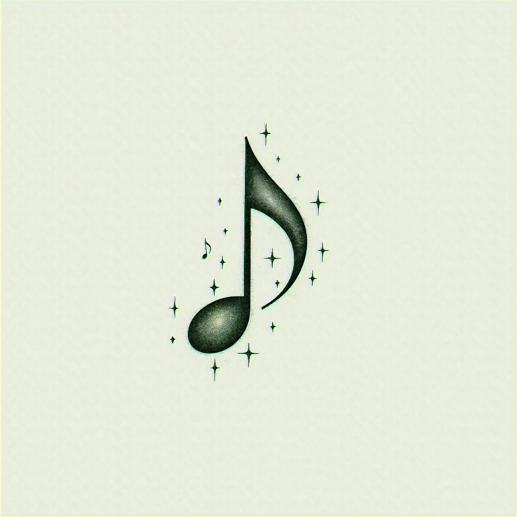 The word “music” with music notesin minimalist style tattoo, featuring simple shapes and fine lines, with minimal shading and details, tiny triangles, creating a sense of balance and harmony - Variation 4