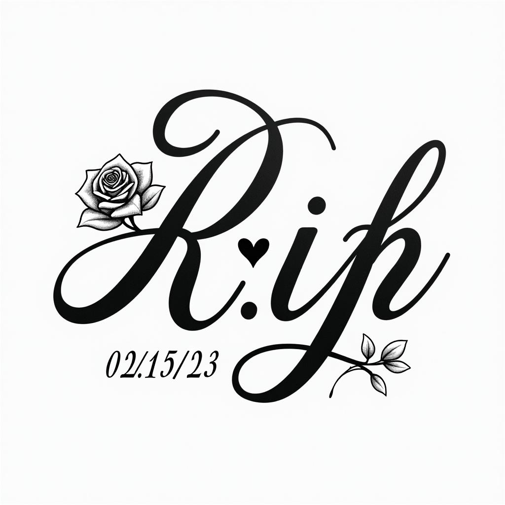 R.I.P Jordan Pack with the date 02/15/23in elegant cursive calligraphy style 2d tattoo, decorate with roses, featuring a smooth and flowing handwritten script with slightly thickened strokes for a luxurious and bold appearance,  heart symbol between names,  sleek and glossy black text with shadowing, minimalist matte white background, clean and sharp edges, illuminated with soft lighting, romantic, 8k, high-quality textures with refined typography - Variation 4