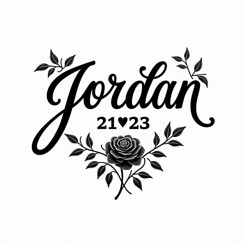 R.I.P Jordan Pack with the date 02/15/23in elegant cursive calligraphy style 2d tattoo, decorate with roses, featuring a smooth and flowing handwritten script with slightly thickened strokes for a luxurious and bold appearance,  heart symbol between names,  sleek and glossy black text with shadowing, minimalist matte white background, clean and sharp edges, illuminated with soft lighting, romantic, 8k, high-quality textures with refined typography - Variation 3