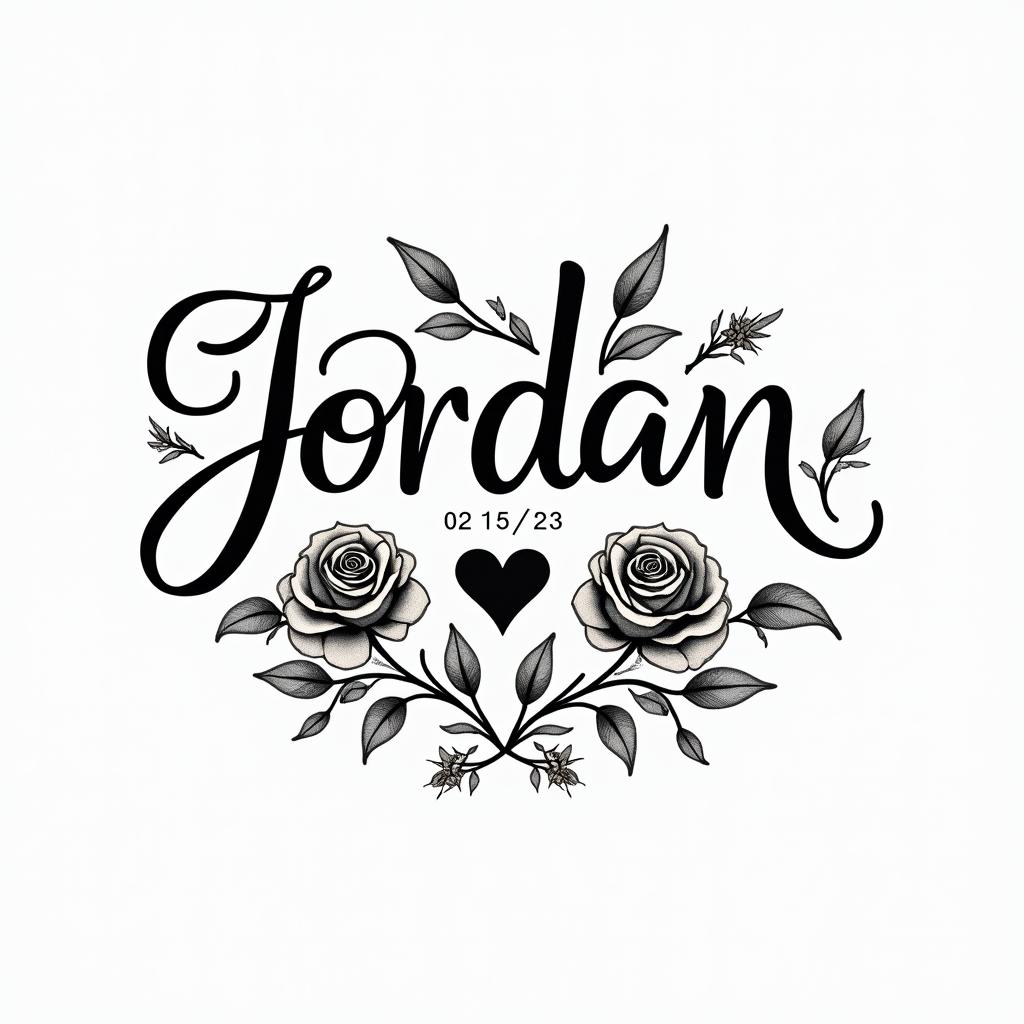 R.I.P Jordan Pack with the date 02/15/23in elegant cursive calligraphy style 2d tattoo, decorate with roses, featuring a smooth and flowing handwritten script with slightly thickened strokes for a luxurious and bold appearance,  heart symbol between names,  sleek and glossy black text with shadowing, minimalist matte white background, clean and sharp edges, illuminated with soft lighting, romantic, 8k, high-quality textures with refined typography - Variation 2