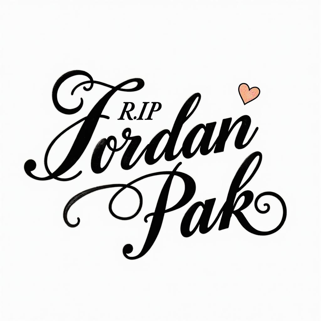 R.I.P Jordan Pack with the date 02/15/23in elegant cursive calligraphy style 2d tattoo, decorate with roses, featuring a smooth and flowing handwritten script with slightly thickened strokes for a luxurious and bold appearance,  heart symbol between names,  sleek and glossy black text with shadowing, minimalist matte white background, clean and sharp edges, illuminated with soft lighting, romantic, 8k, high-quality textures with refined typography