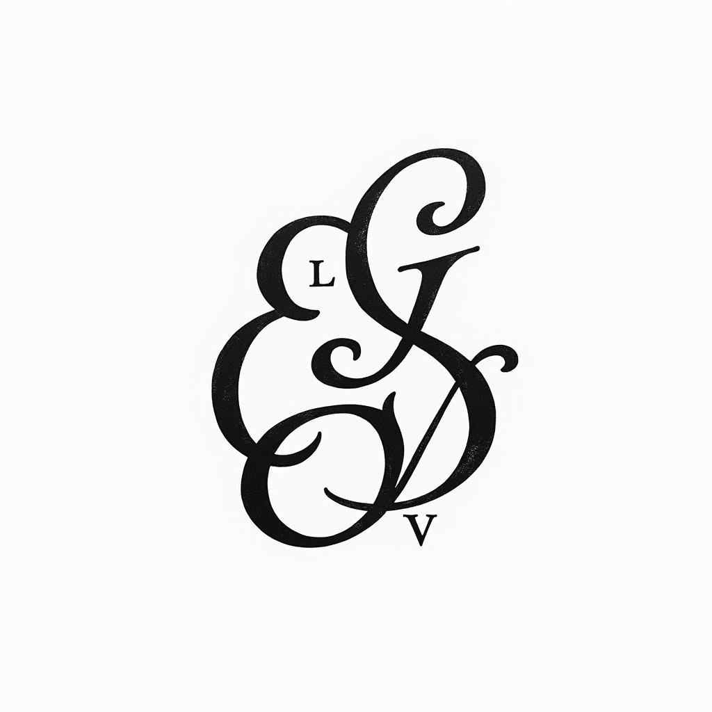 An elegant and fluid calligraphy tattoo featuring the intertwined initials E, L, S, and V, beautifully intertwined with graceful curves, symbolizing the connection among a mother, daughter, sister, and self. The design is monochrome, showcasing the elegant flow and artistic nature of the letters.higly detailed tattoo - Variation 5
