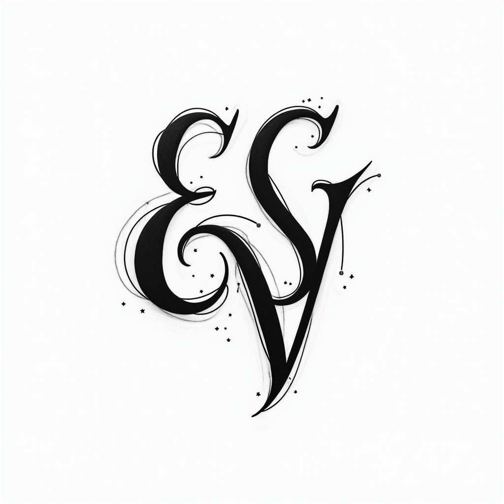 An elegant and fluid calligraphy tattoo featuring the intertwined initials E, L, S, and V, beautifully intertwined with graceful curves, symbolizing the connection among a mother, daughter, sister, and self. The design is monochrome, showcasing the elegant flow and artistic nature of the letters.higly detailed tattoo - Variation 7