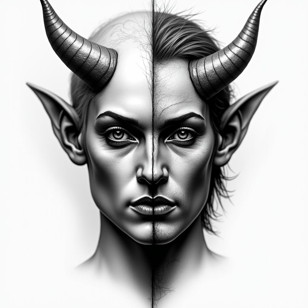 Make a face with 2 different sides. One side is the devil and one side is godin portrait tattoo style, featuring a highly realistic and detailed depiction  - Variation 3