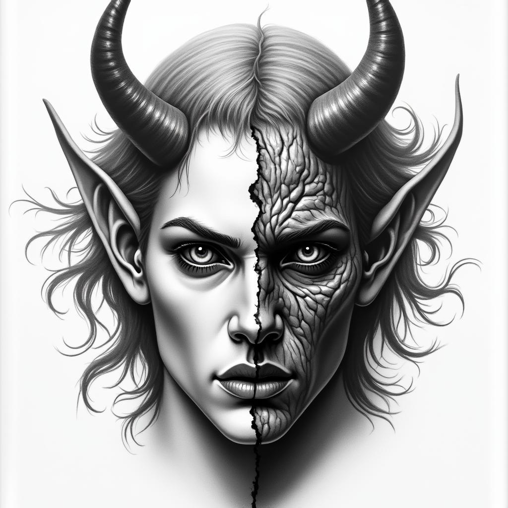 Make a face with 2 different sides. One side is the devil and one side is godin portrait tattoo style, featuring a highly realistic and detailed depiction  - Variation 4