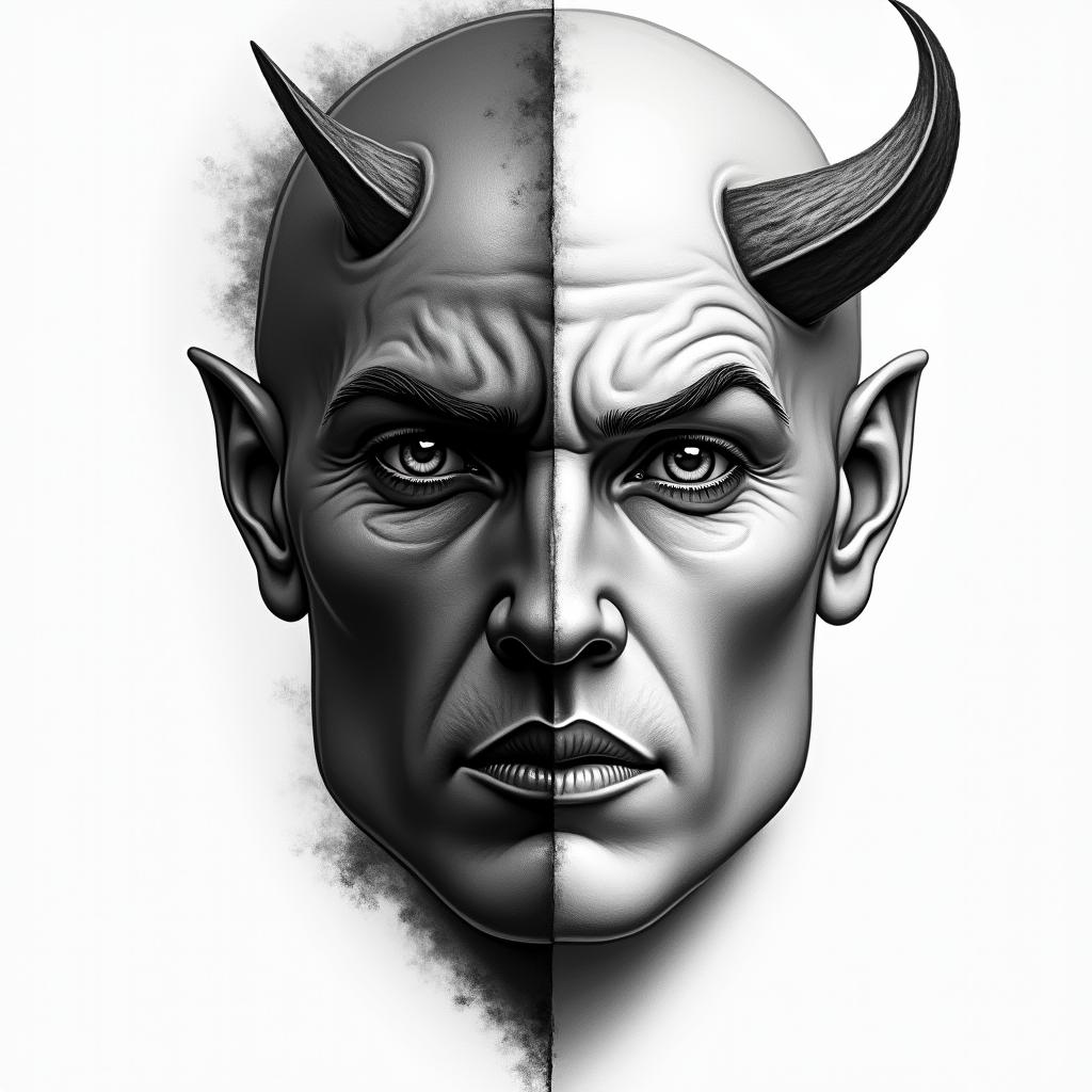 Make a face with 2 different sides. One side is the devil and one side is godin portrait tattoo style, featuring a highly realistic and detailed depiction  - Variation 2