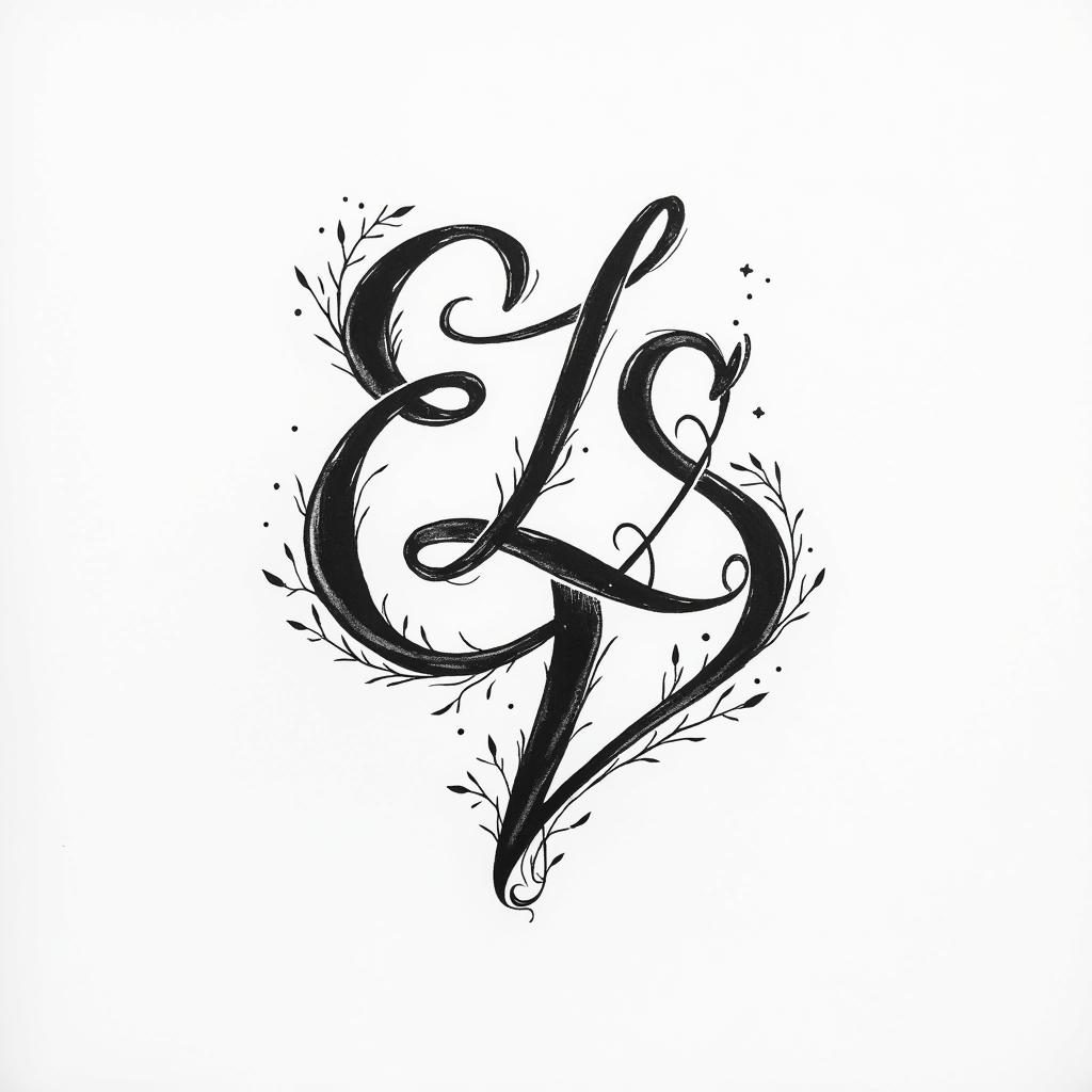 An elegant and fluid calligraphy tattoo featuring the intertwined initials E, L, S, and V, beautifully intertwined with graceful curves, symbolizing the connection among a mother, daughter, sister, and self. The design is monochrome, showcasing the elegant flow and artistic nature of the letters.higly detailed tattoo - Variation 2