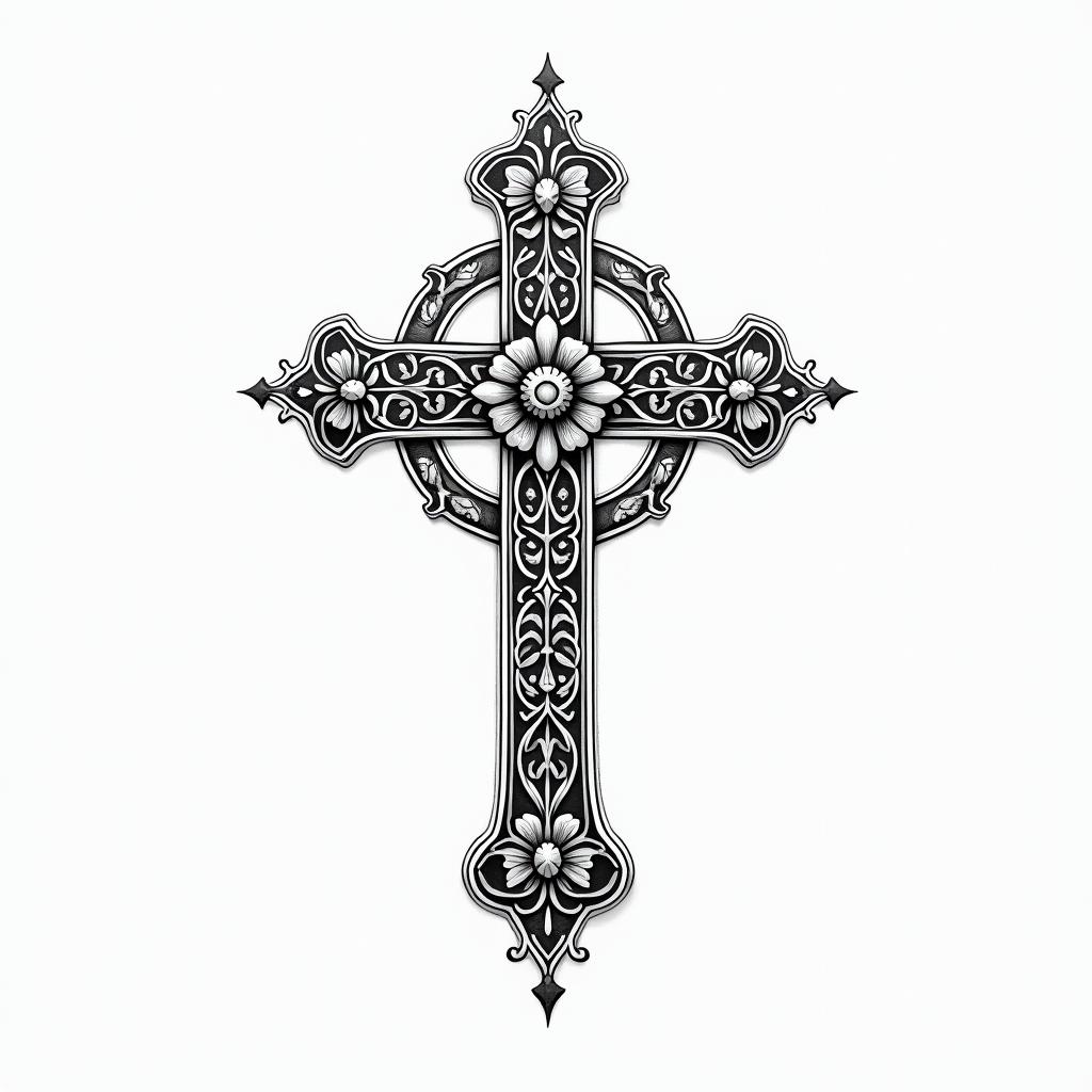 Rosen crossin ornamental tattoo style, featuring intricate symmetrical patterns and floral designs, showcasing highly detailed line work and geometric shapes, creating a sense of elegance and balance - Variation 4