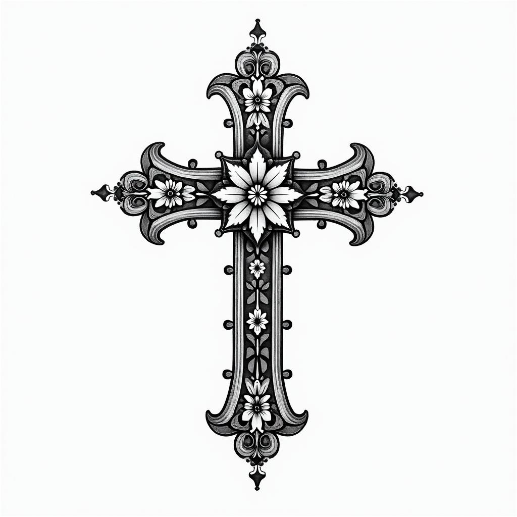 Rosen crossin ornamental tattoo style, featuring intricate symmetrical patterns and floral designs, showcasing highly detailed line work and geometric shapes, creating a sense of elegance and balance - Variation 2