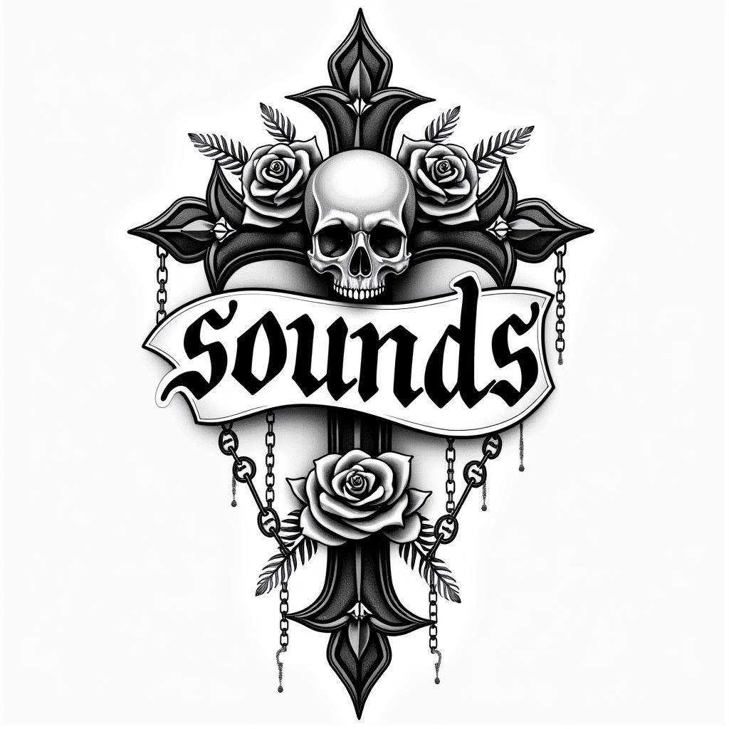 The words “sounds by Sanchez” in a classy cursivein chicano style tattoo, featuring intricate black and grey shading, bold elements of traditional chicano culture symbols, add a big cross with skull, chains and roses - Variation 4