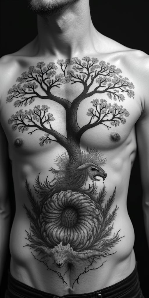 The biblical account of the apocalypse, the book of revelation in picture form on a torso. There's a central image of a fight tree. 7 Angels are at the top blowing each a trumpet. Below the tree 4 horsemen of the apocalypse are being chased by Japanese style waves. The other side facing the horsemen is a whole of babalon riding a 7 headed dragon drinking from a chalice, spiling wine down her breasts.in spiritual symbols tattoo style, featuring an intricate design incorporating elements, Hamsa hand, third eye, minimalist composition - Variation 3