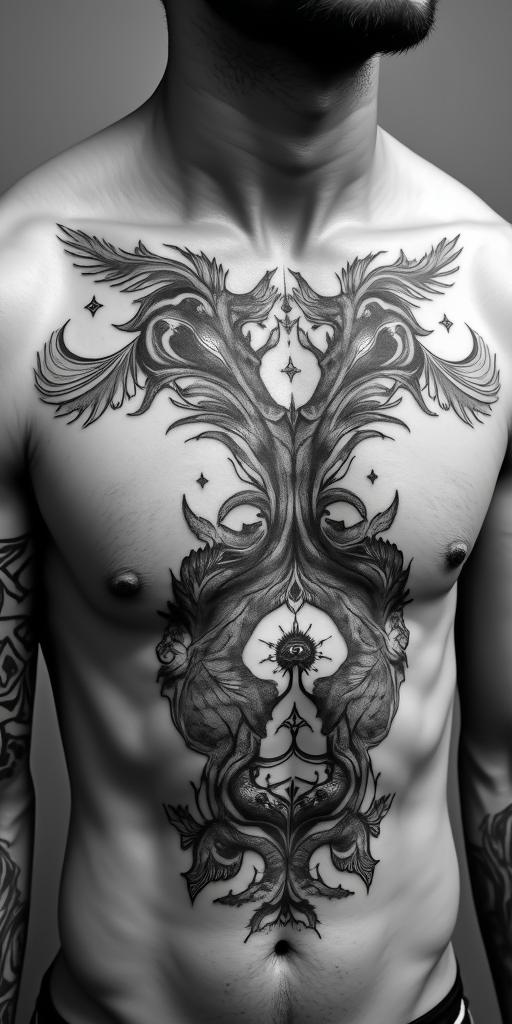 The biblical account of the apocalypse, the book of revelation in picture form on a torso. There's a central image of a fight tree. 7 Angels are at the top blowing each a trumpet. Below the tree 4 horsemen of the apocalypse are being chased by Japanese style waves. The other side facing the horsemen is a whole of babalon riding a 7 headed dragon drinking from a chalice, spiling wine down her breasts.in spiritual symbols tattoo style, featuring an intricate design incorporating elements, Hamsa hand, third eye, minimalist composition - Variation 2