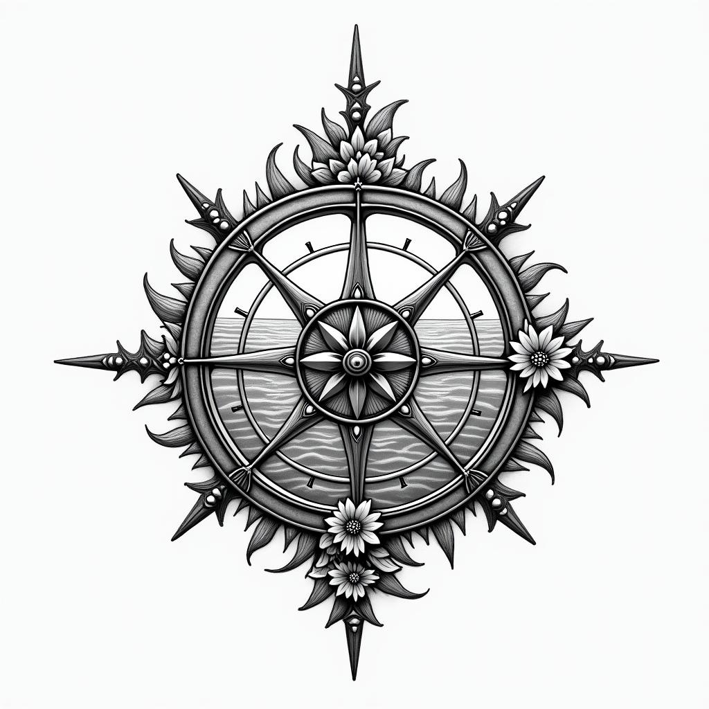 Can u create a compass in rough ocean demonstrating the ability to navigate through rough timesin ornamental tattoo style, featuring intricate symmetrical patterns and floral designs, showcasing highly detailed line work and geometric shapes, creating a sense of elegance and balance - Variation 1