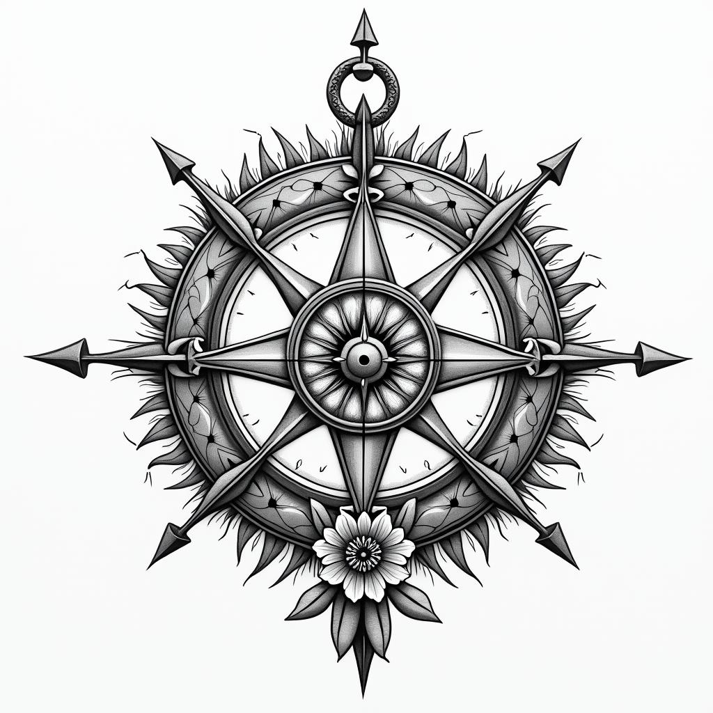Can u create a compass in rough ocean demonstrating the ability to navigate through rough timesin ornamental tattoo style, featuring intricate symmetrical patterns and floral designs, showcasing highly detailed line work and geometric shapes, creating a sense of elegance and balance - Variation 2