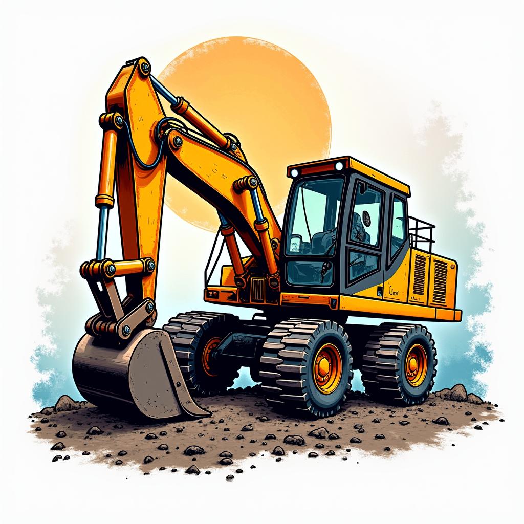 Caterpillar excavatorin pop art style tattoo, featuring bold and vibrant colors, exaggerated outlines, iconic imagery, inspired by comic books and speech bubbles, comic book characters, retro pop culture - Variation 2